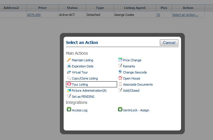Step 5 The Action to select is Tour Listing, as shown