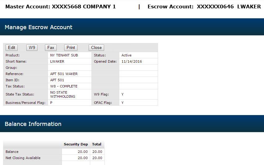 3 Click an Escrow Sub Account to see detailed information. The Escrow Account Details screen displays.