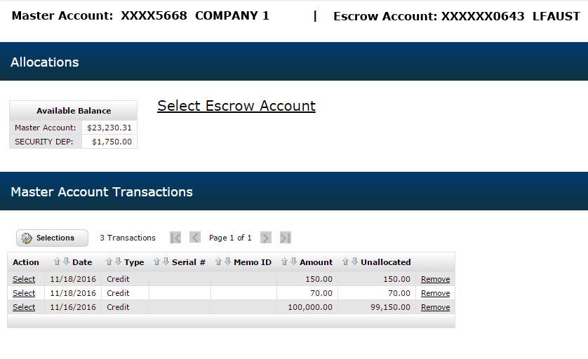 The Master Account Transaction Allocation screen displays.