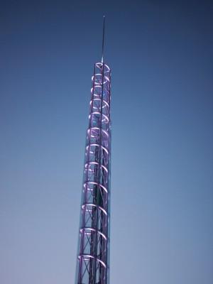 helical steel structure with a diameter of 3,5 metres, 84 metres high including the 20 metre spire A glass lift takes the public up to 50 metres?