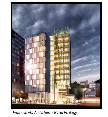 12 Story Mass Timber Portland, OR Framework: An Urban + Rural Ecology Tall Wood Competition Winner Location: Pearl District, Portland, OR Height: 130 / 12 stories Total Building Area: 90,000 square