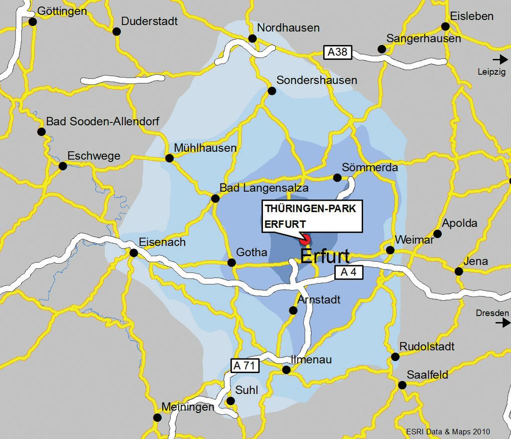 Accessibility / Catchment Area Due to its location in the north-west of Erfurt, Thüringen-Park can be reached