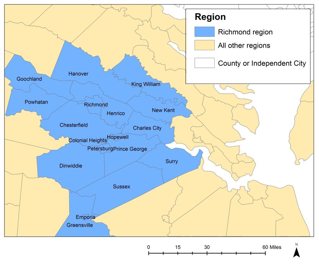 VI. The Richmond Region The Richmond region includes 13 counties and five independent cities, including the City of Richmond (Figure 8). In 2014, this region had 644,500 jobs and 466,300 households.
