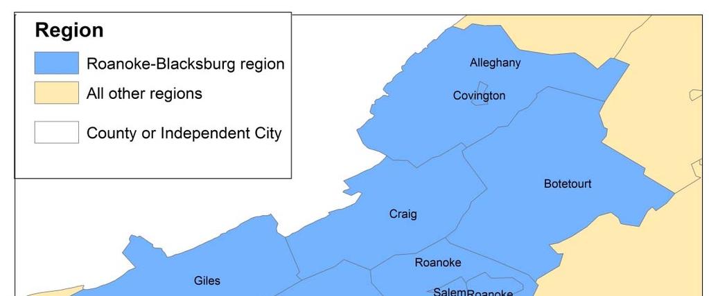 VII. The Roanoke-Blacksburg Region As shown in Figure 9, the Roanoke-Blacksburg region includes nine counties and four independent cities. In 2014, this region had 245,900 jobs and 205,800 households.
