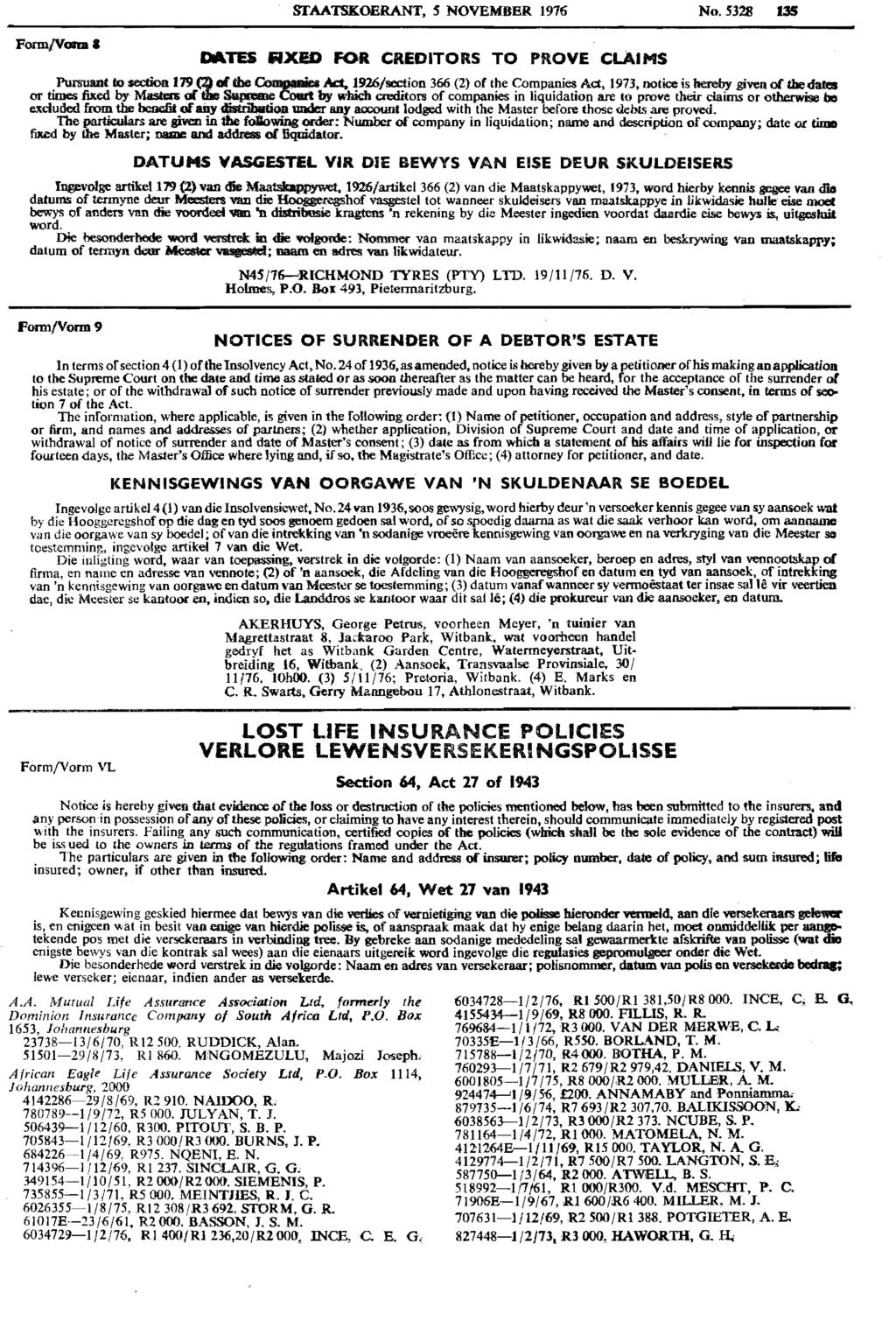 Reproduced by abinet Online in terms of Government Printer s Copyright Authority No. 10505 dated 02 February 1998 TAATKOERANT, 5 NOVEMBER 1916 No.