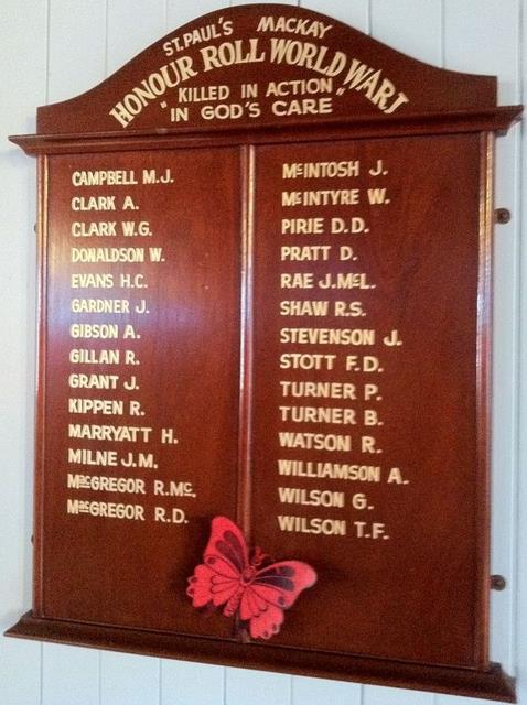 Pte A. Gibson is also remembered on St. Paul s Uniting Church WW1 Honour Board 1914 1918 located in St. Paul s Uniting Church, 25 MacAlister Street, Mackay. St. Paul s Uniting Church WW1 Honour Board (Photo from Queensland War Memorial Register Glen Hall, Mackay Historical Society) Pte A.