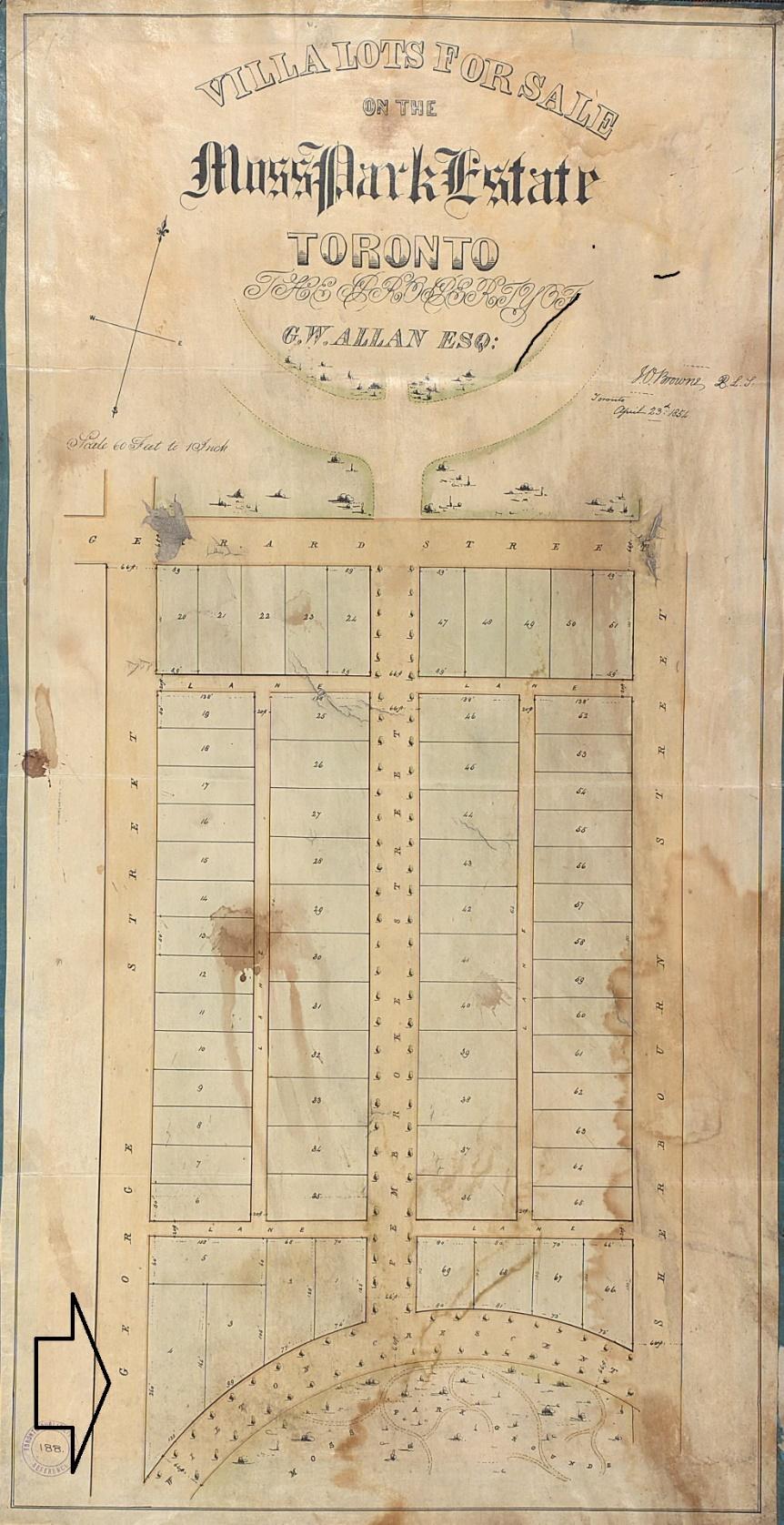 3. Plan, Moss Park Estate, 1854: showing the subdivision of part of Allan s estate south of Allan Gardens, with