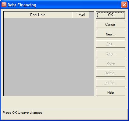 How To Display the Debt Financing Category window: 1. From the Yield menu, select Debt Financing. 2. The Debt Financing category window displays. 3. Proceed to the next topic to add a debt note.