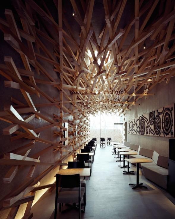 Analyzing the Prostho Museum and its structures with wooden beams is similar to the Starbucks interior that Kengo Kuma created.
