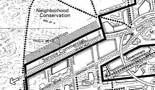 Courthouse Sector Plan Addendum Concept Plan - calls for Service Commercial adjacent to a Transition zone towards the Neighborhood Conservation area Illustrative Plan - shows building along