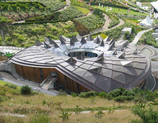 (Right) The spiral roof of The Core, the educational centre in the Eden s Project, UK,