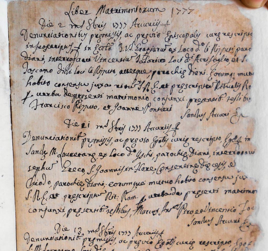 document is not in very good condition and the bride s first name is no longer showing. This document confirms that the groom, Giuseppe Greco, hailed from San Giovanni in Fiore.