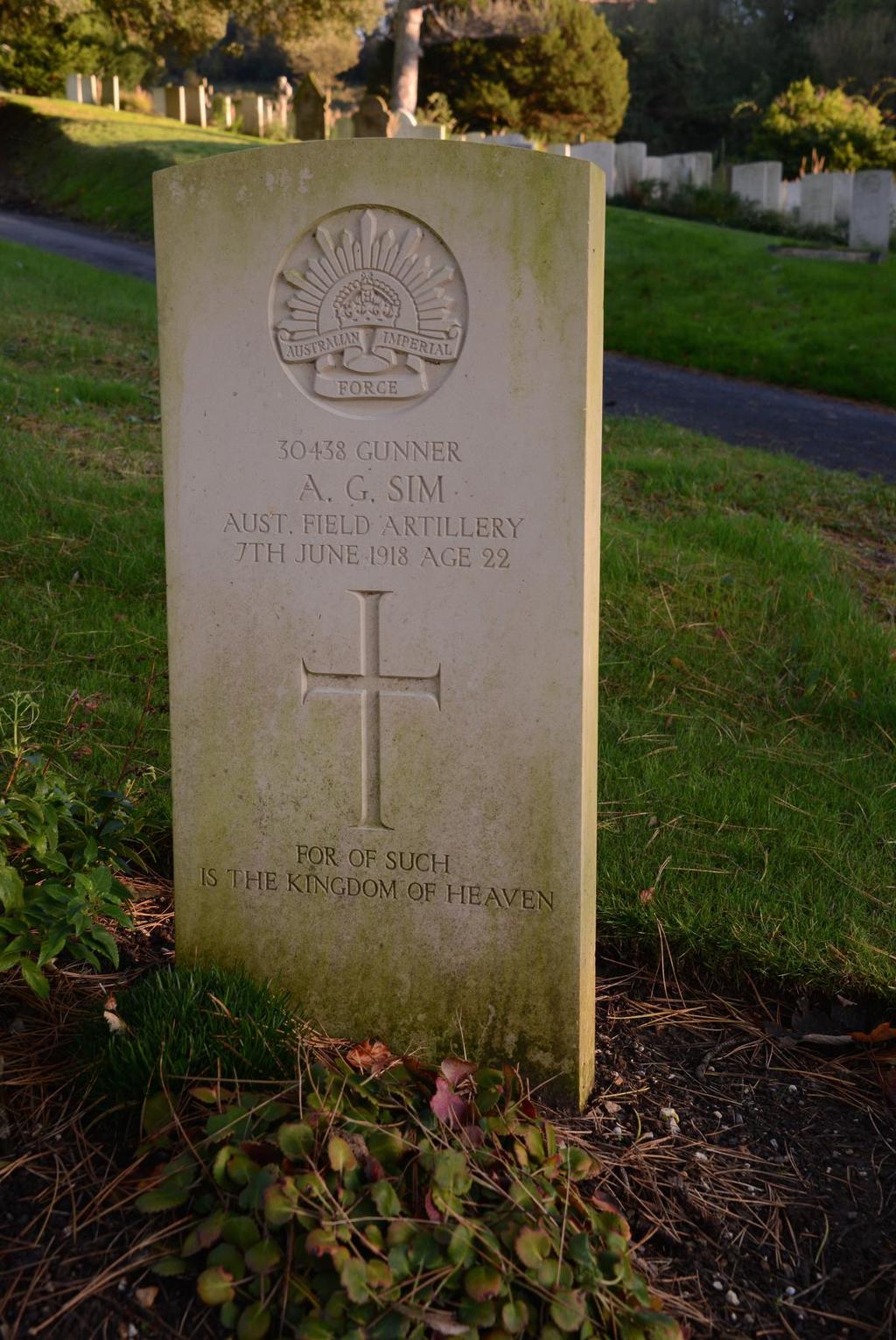 Photo of Gunner A. G. Sim s Commonwealth War Graves Commission Headstone in St.