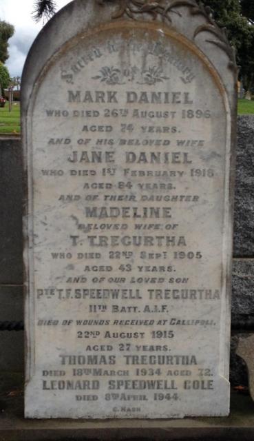 Pte T. F. Speedwell Tregurtha is remembered on the family headstone in Geelong Eastern Cemetery, East Geelong, Victoria.
