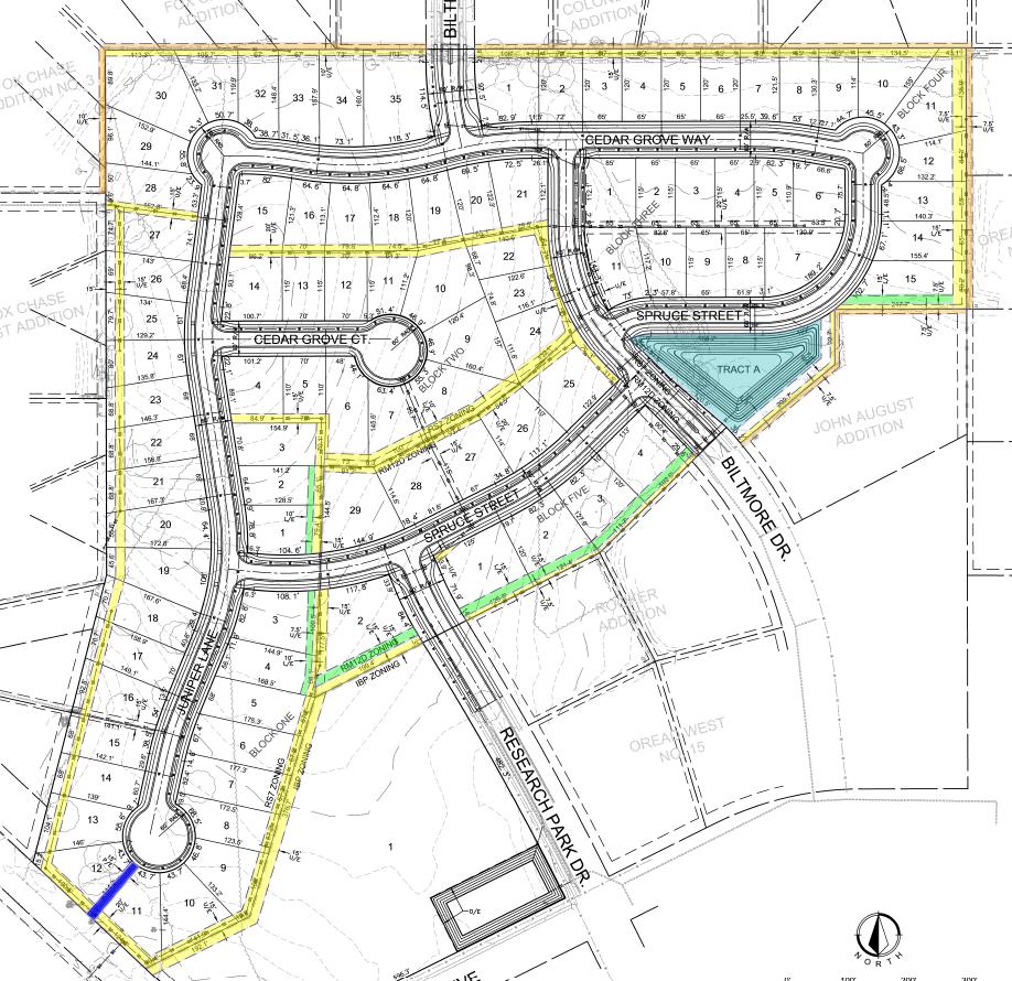 feature to the subdivision signaling a change from the non-residential uses to the south and the proposed subdivision to the north. The applicant was required to submit a tree study for this property.