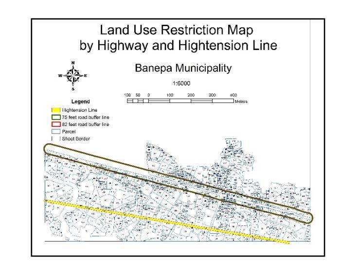 Figure 0-3: Land use restriction map by Highway and high-tension Figure 0-2: Land use restriction map by River and Stream The major controversial issue of case study area is ROW of Araniko Highway at
