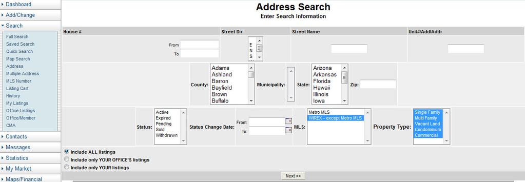 WIREX Access via search by Address To search WIREX listings using an Address search, click Address under the Search