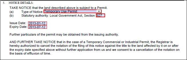 EXAMPLE BYLAW CONTRAVENTION NOTICE: Notice of Permit Type of notice: when a permit is selected from the drop down menu non-editable and editable text populates Item 5, Notice Details.