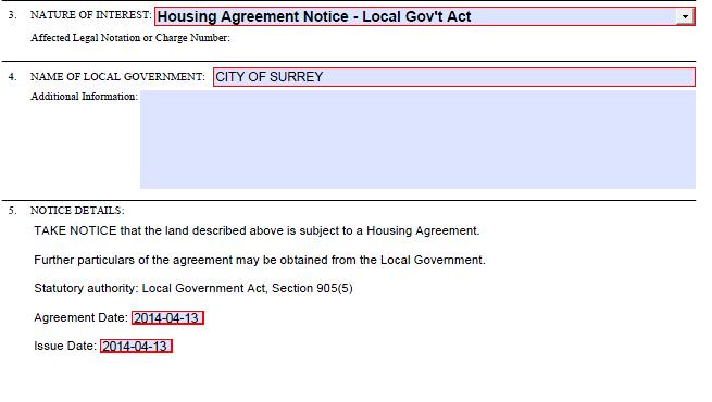 Agreement Notice Local Government Act is selected from the drop down menu, non-editable and editable text populate Item 5, Notice Details.