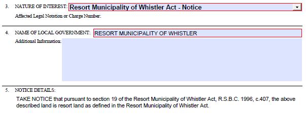 Act notice field: when Resort Municipality of Whistler Act Notice is selected from the drop down menu, non-editable