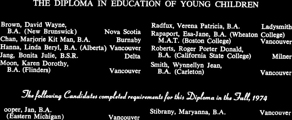 THE DIPLOMA IN EDUCATION OF YOUNG CHILDREN Brown, David Wayne, B.A. (New Brunswick) Nova Scotia Chan, Marjorie Kit Man, B.A. Hanna, Linda Beryl, B.A. (Alberta) Jang, Bonita Julie, B.S.R. Delta Moon, Karen Dorothy, B.