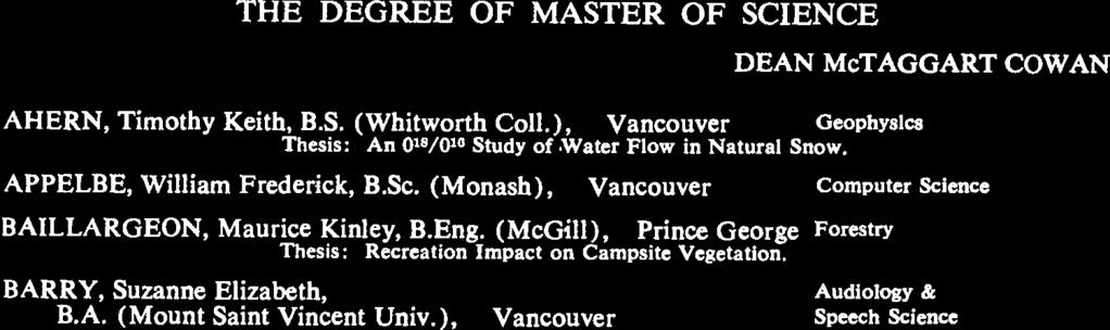 (Brit. Col.), Thesis: Romantic Motivation and North American Urban Design. 1974 THE DEGREE OF MASTER OF SCIENCE IN NURSiNG DEAN McTAGGART COWAN COLLINGWOOD, Edna Dale, B.S.N. (Brit. Col.), White Rock FEWSTER, Mary, B.