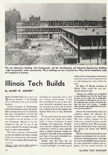 IIT AND SOUTH SIDE REDEVELOPMENT PLAN 5.23 iit campus by the year 1948, in its urban context (opposite page); Illinois Tech Builds, internal iit bulletin (left).