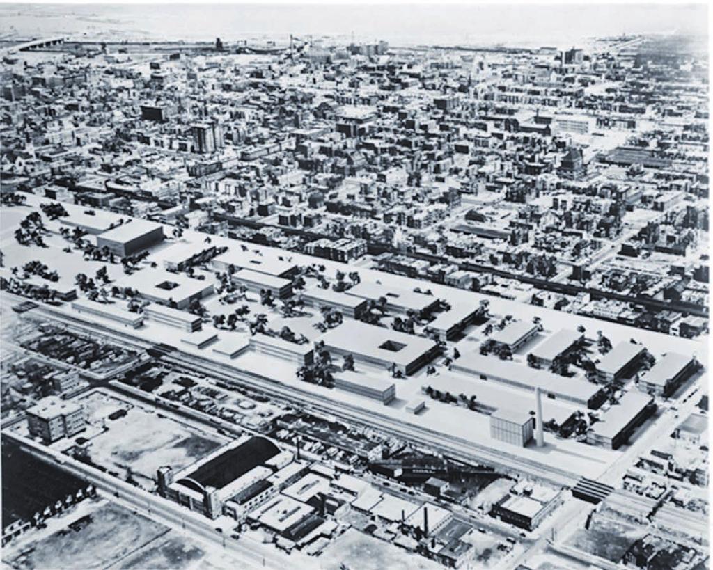 EXPANSION, 1946-50: CITY PLANNING BY MEANS OF ARCHITECTURE 5.31 Photomontage of a model of Mies's iit campus Master Plan (3 rd version), inserted in its urban context, c.1950.