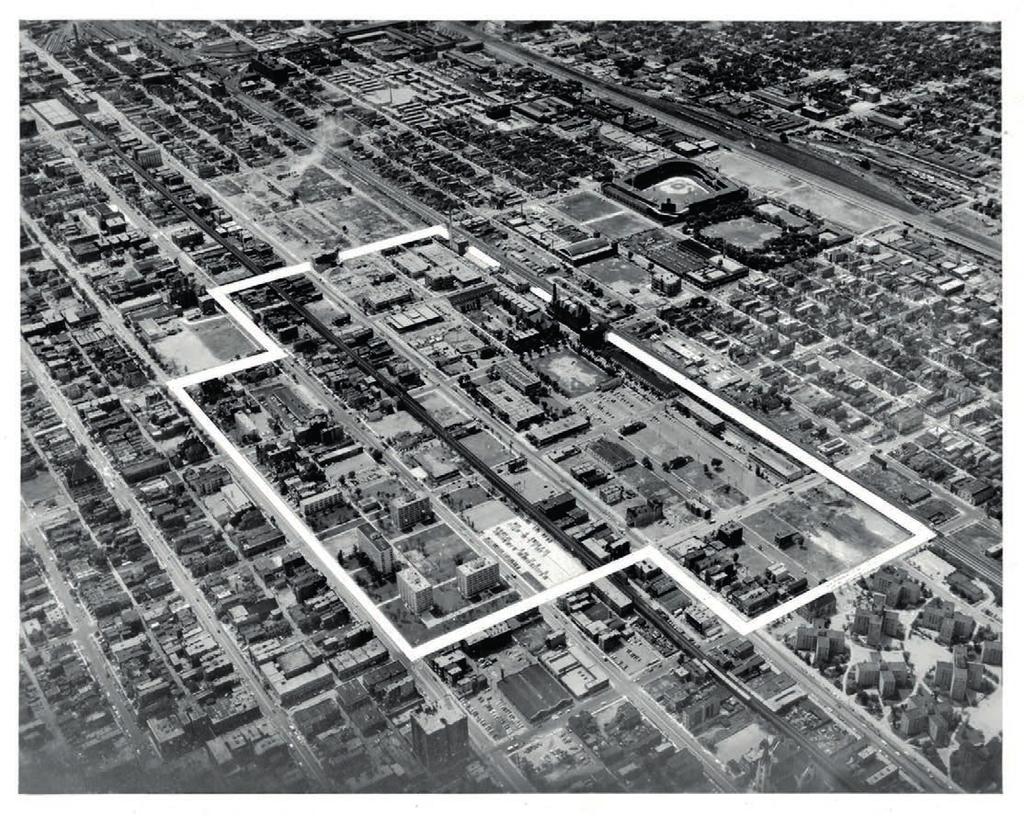 URBAN SCALE AND CLEAR STRUCTURE, 1951-59 6.15 Aerial view of iit campus in 1955, as seen from ne, with the limits of its expansion Master Plan highlighted.