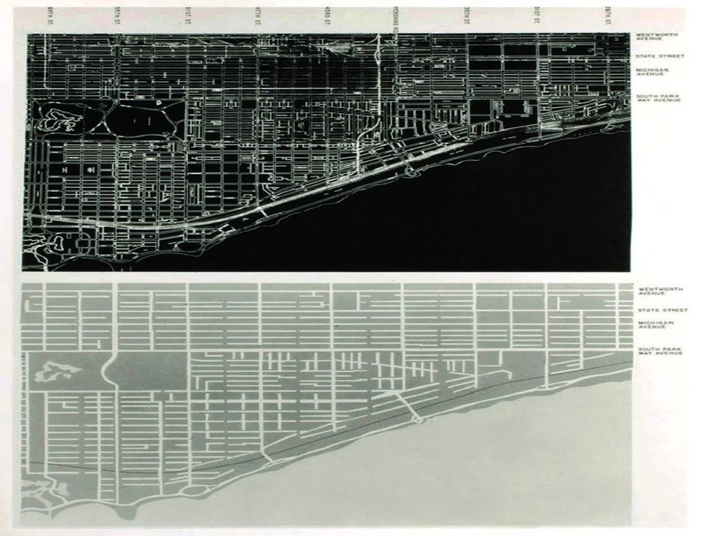OPERATIVE SCHEMES TO STRUCTURE URBAN SPACE 6.19 Hilberseimer's Traffic Redevelopment Plan for the South Side of Chicago (above); Chicago.