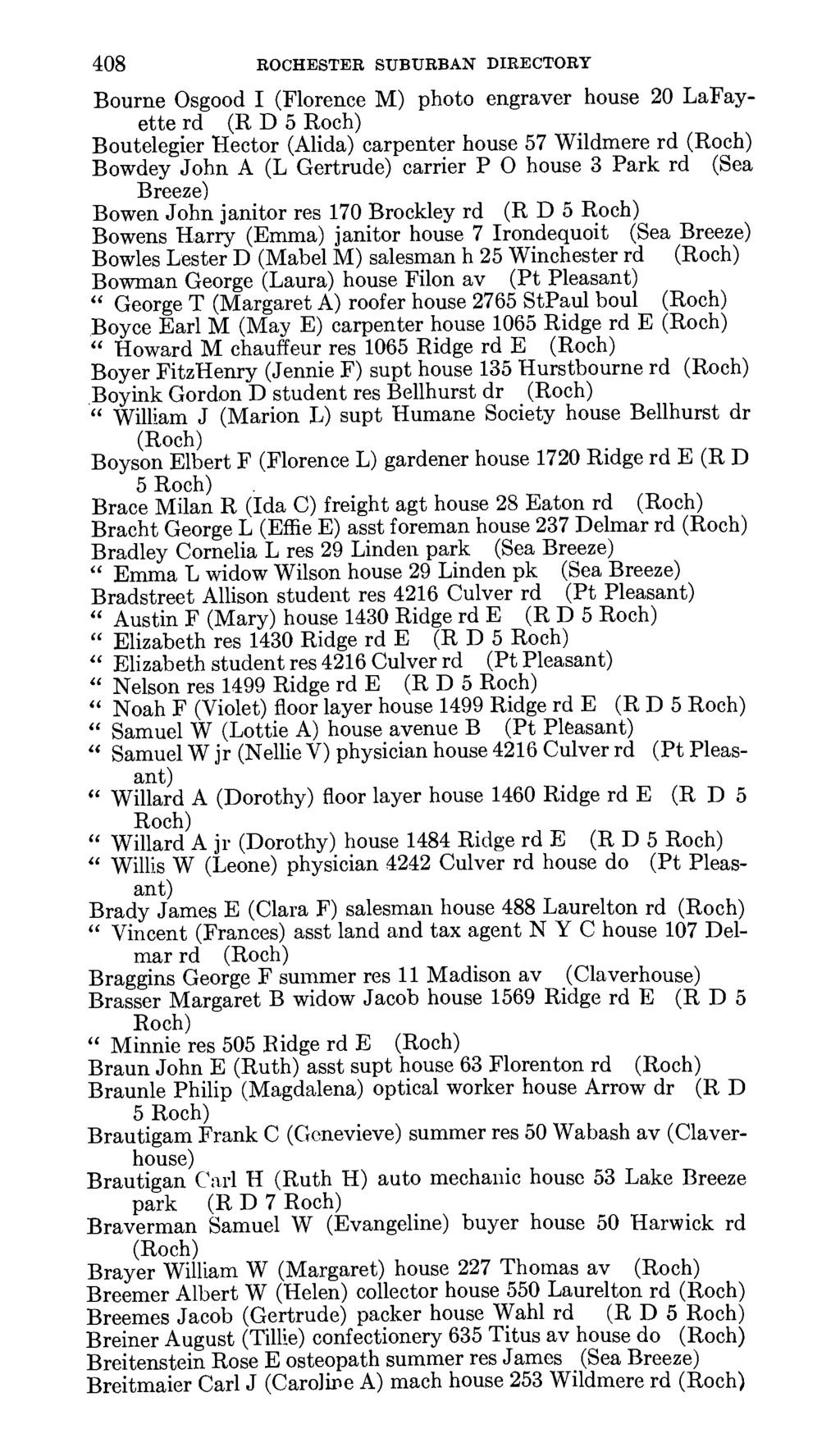 408 ROCHESTER SUBURBAN DIRECTORY Bourne Osgood I (Florence M) photo engraver house 20 LaFayette rd (R D 5 Boutelegier Hector (Alida) carpenter house 57 Wildmere rd Bowdey John A (L Gertrude) carrier