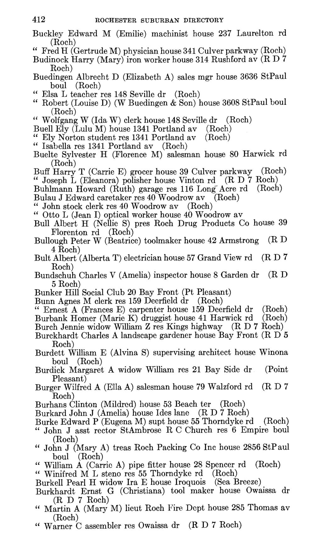 412 ROCHESTER SUBURBAN DIRECTORY Buckley Edward M (Emilie) machinist house 237 Laurelton rd Fred H (Gertrude M) physician house 341 Culver parkway Budinock Harry (Mary) iron worker house 314 Rushford