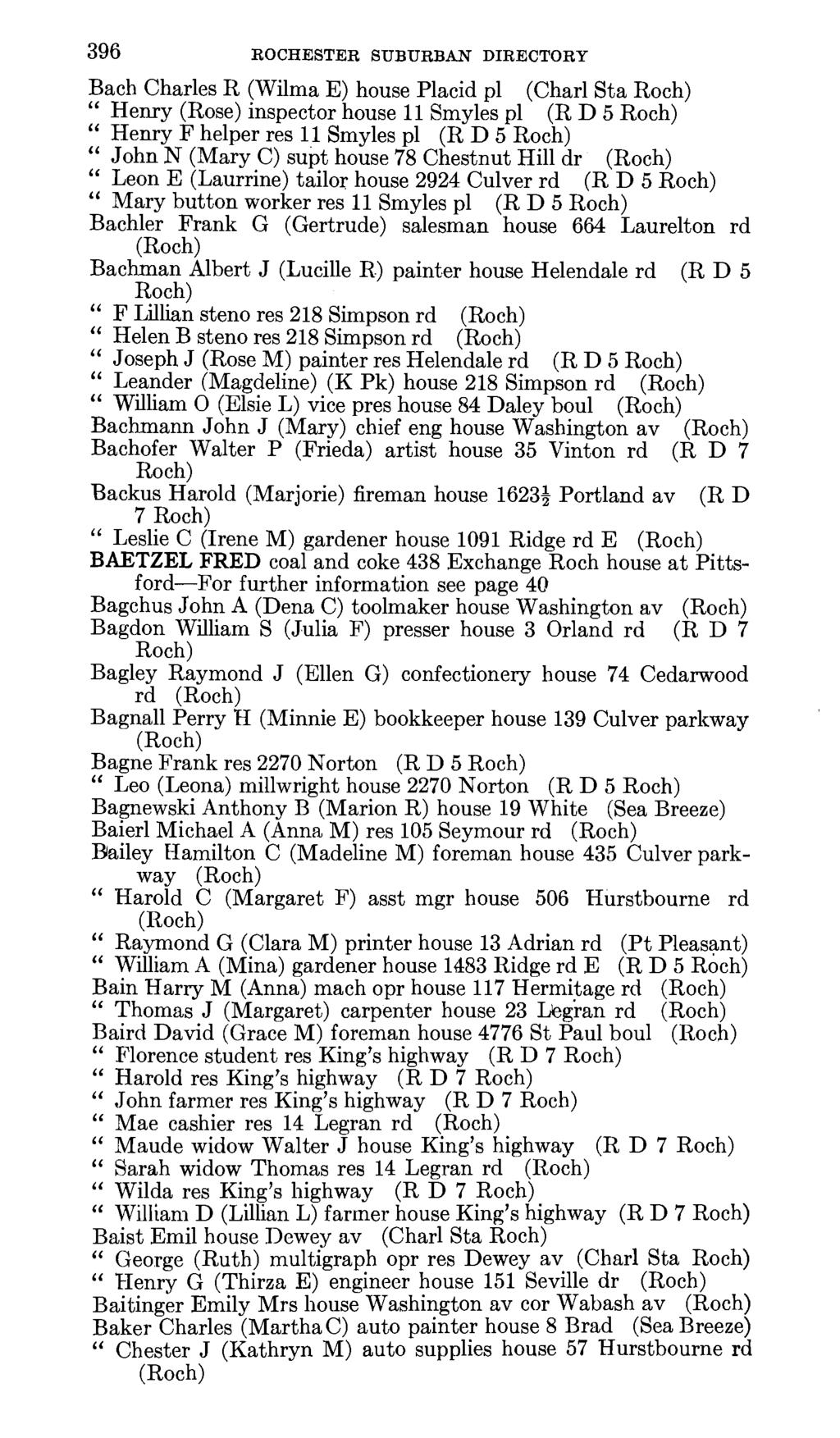396 ROCHESTER SUBURBAN DIRECTORY Bach Charles R (Wilma E) house Placid pi (Charl Sta Henry (Rose) inspector house 11 Smyles pi (R D 5 Henry F helper res 11 Smyles pi (R D 5 John N (Mary C) supt house