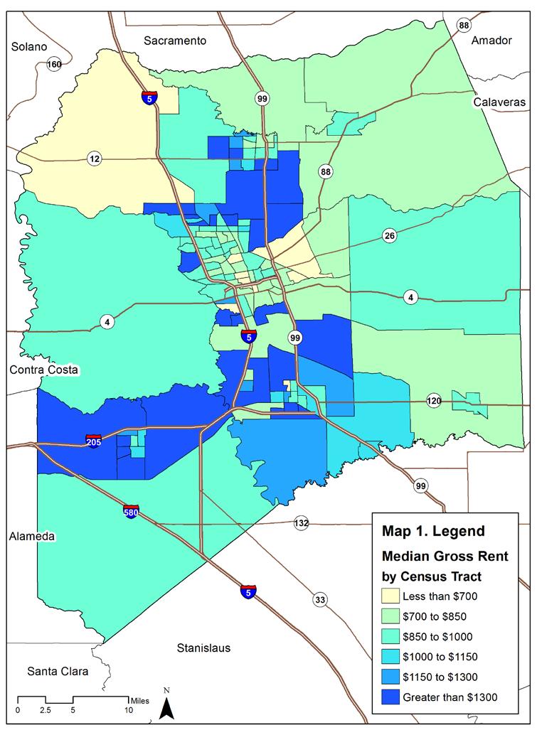 Map 1 displays median gross rent by census tract in San Joaquin as reported in the 2009 ACS.