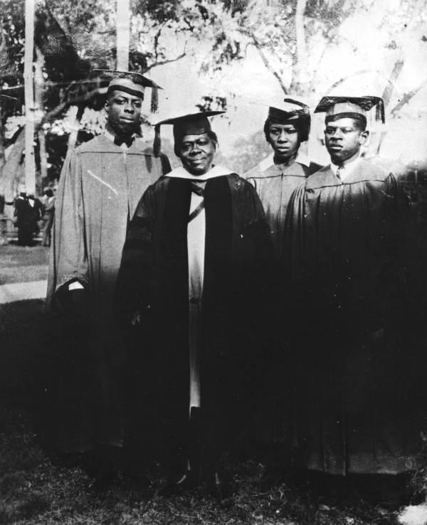 Bethune with students at graduation [left] and standing with students in