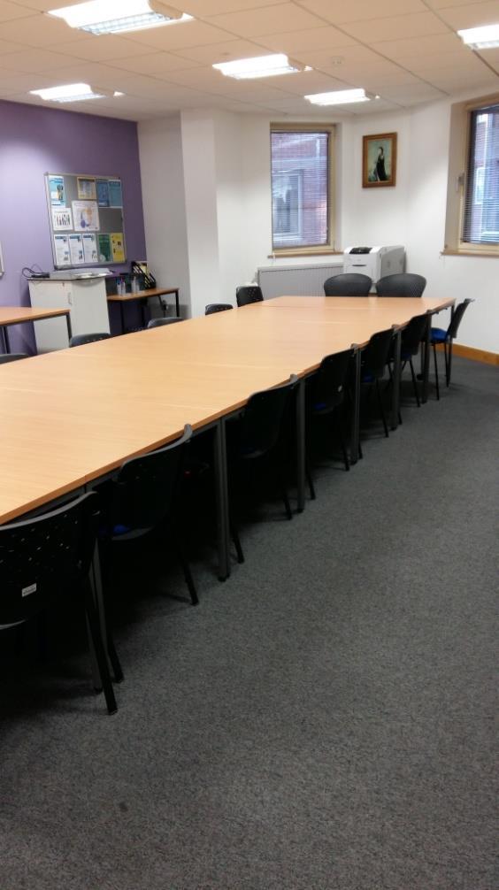 Ground Floor Training Room (18 people Boardroom style) Rates: 125 per day 15 per hour 12 per hour reduced rate for