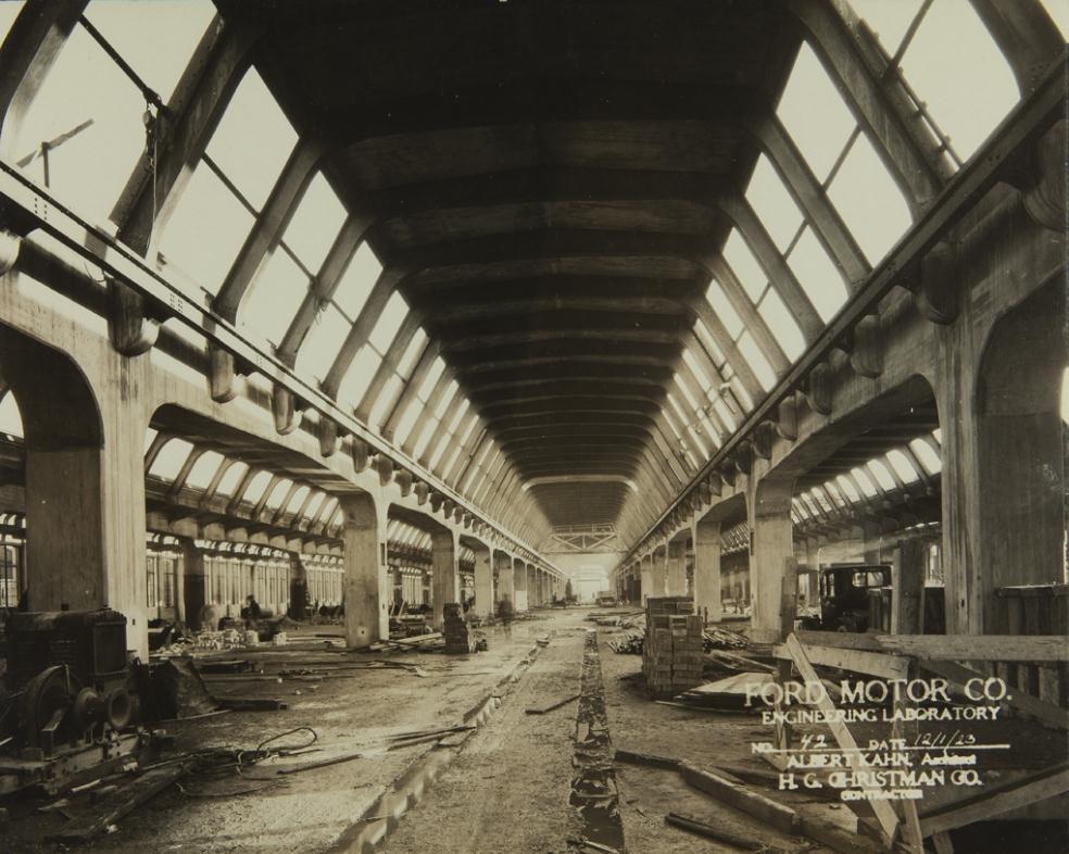 Here is a photo of the inside of the building during construction. The arched ceilings contained over 65,000 sq. ft.