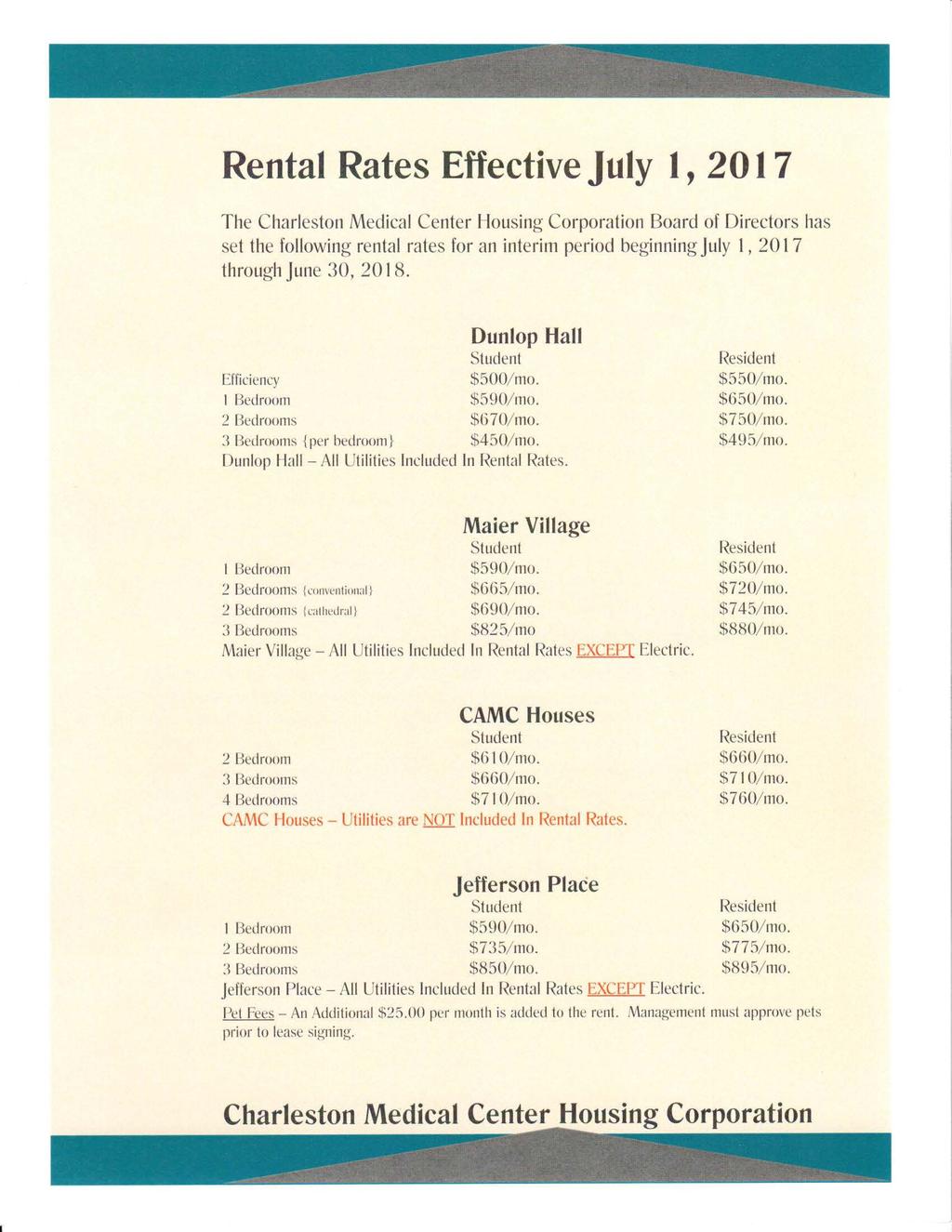 Rental Rates Effective July 1, 201 7 The Board of Directors has set the following rental rates for an interim period beginning July I, 20 I 7 through June 30, 20 18.