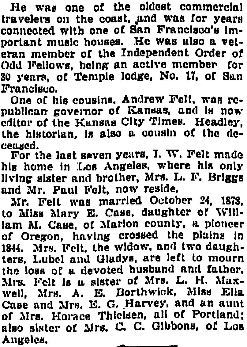 [Oregonian, Portland, OR, Friday, February 14, 1896 p.10] 1860 Butteville, Northern Pct, Marion Co, OR; Wm Case, 40, farmer, $1000 $2331, b. IN; L.A., 38, NY; J.P., 18, m, MO; J.N., 15, OR; Susan, 11, f, OR; M.