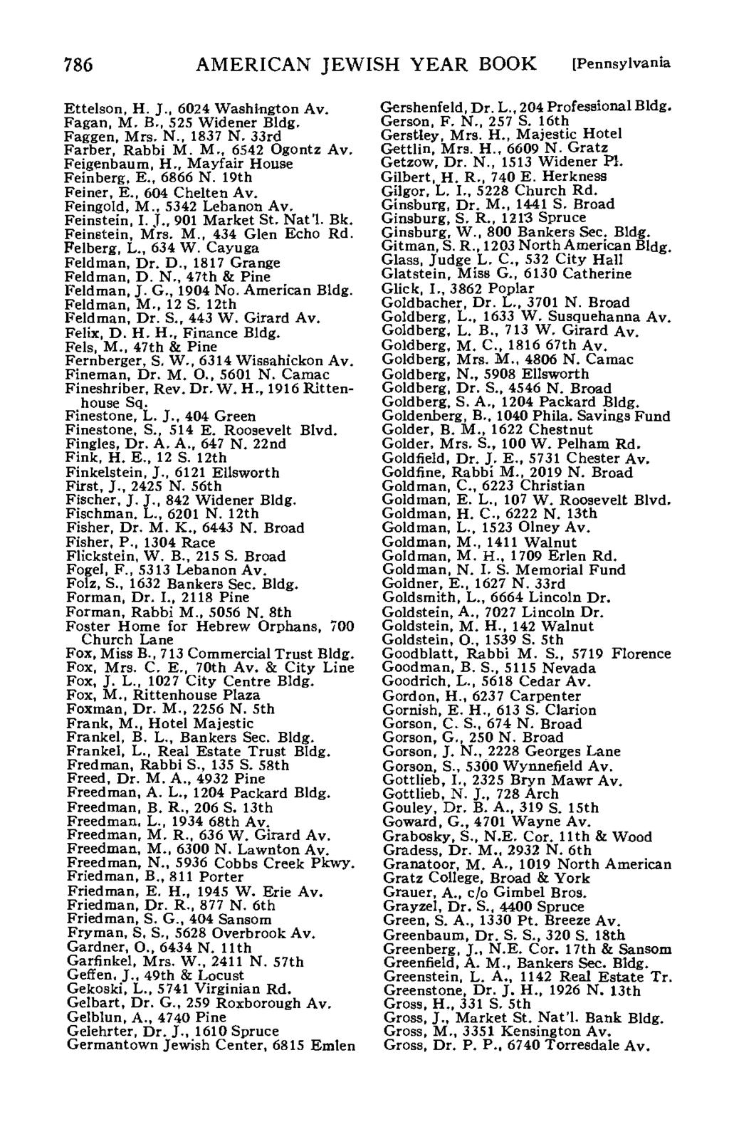 786 AMERICAN JEWISH YEAR BOOK [Pennsylvania Ettelson, H. J., 6024 Washington Av. Fagan, M. B., 525 Widener Bldg. Faggen, Mrs. N., 1837 N. 33rd Farber, Rabbi M. M., 6542 Ogontz Av. Feigenbaum, H.