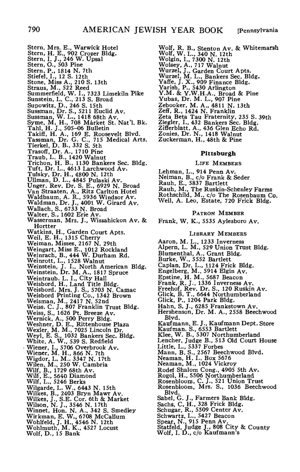 790 AMERICAN JEWISH YEAR BOOK [Pennsylvania Stern, Mrs. E.. Warwick Hotel Stern, H. E., 902 Crozer Bldg. Stern, I. J., 246 W. Upsal Stern, O., 503 Pine Stern, P., 1814 N. 7th Stiefel, I., 12 S.
