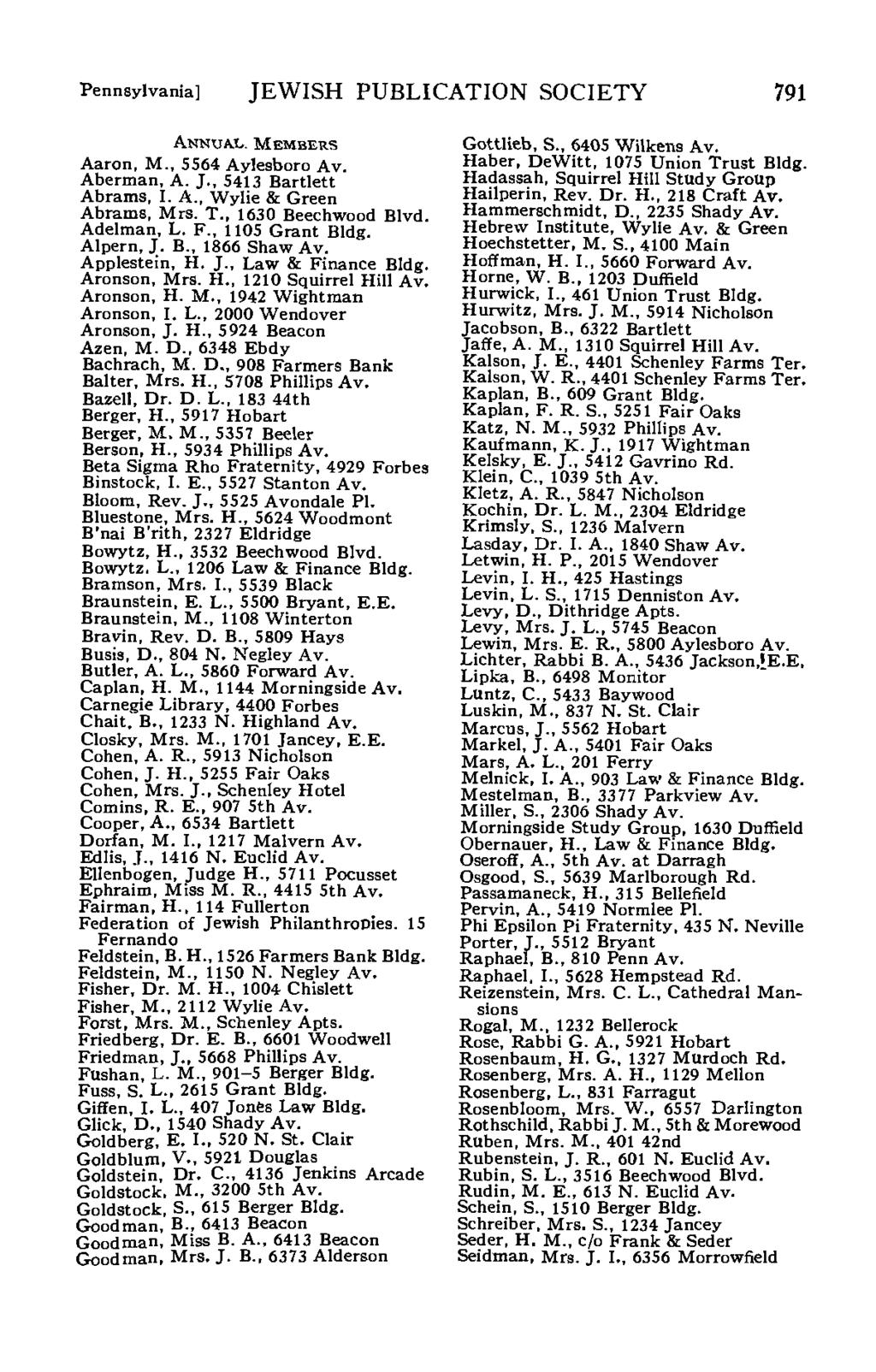 Pennsylvania] JEWISH PUBLICATION SOCIETY 791 ANNUAL. MEMBERS Aaron, M., 5564 Aylesboro Av. Aberman, A. J., 5413 Bartlett Abrams, I. A., Wylie & Green Abrams, Mrs. T., 1630 Beechwood Blvd. Adelman, L.