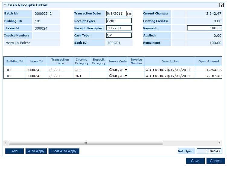 Payment Detail Module 6: Working with Batches The payment detail displays the open transactions for the master occupant, lease, billing address, or invoice associated with the cash receipt, as