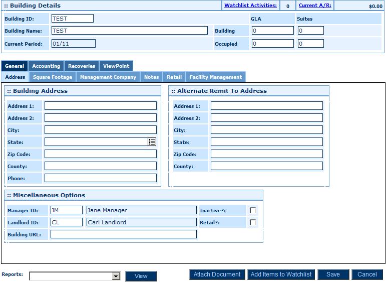 Module 3: Setting Up a New Building Building Details Web Page g. The first page displayed is the General > Address page. Enter the address information in the fields displayed.
