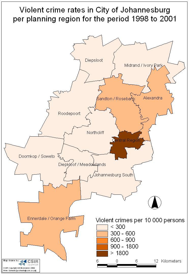 Map 14: Violent crime rates per 10 000 persons for the period 1998 2001
