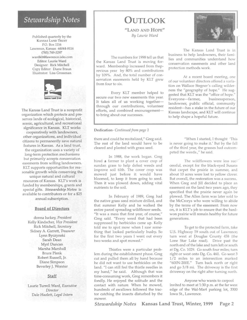 Stezvardship Notes Published quarterly by the KANSAS LAND TRUST P.O. Box 1116 Lawrence, Kansas 66044-8116 (785) 749-3297 wardklt@lawrence.ixks.