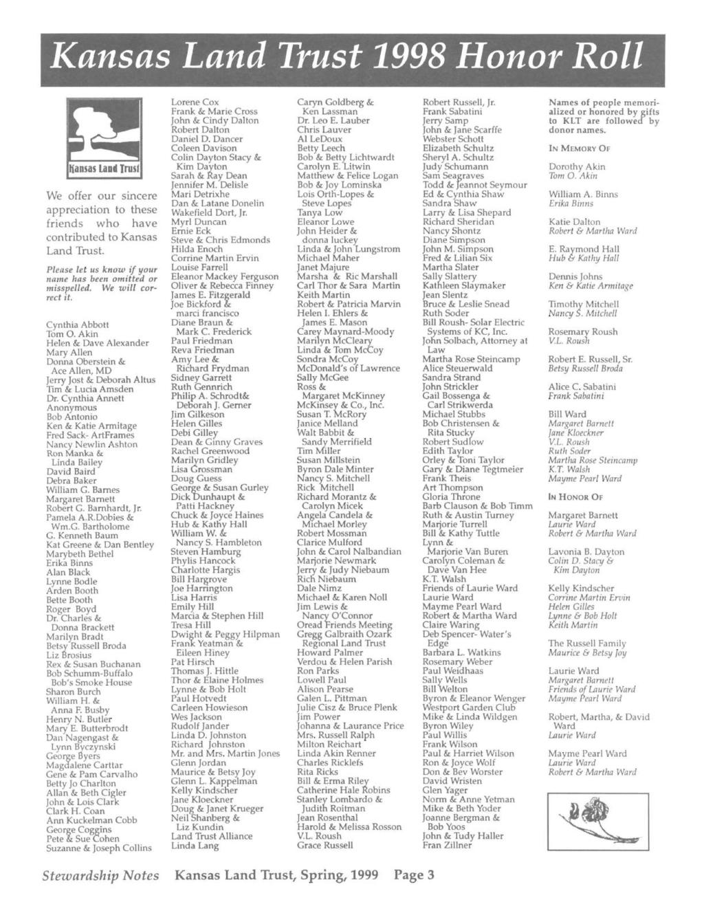 Kansas Land Trust 1998 Honor Roll We offer our sincere appreciation to these friends who have contributed to Kansas Land Trust. Please let us know if your name has been omitted or misspelled.