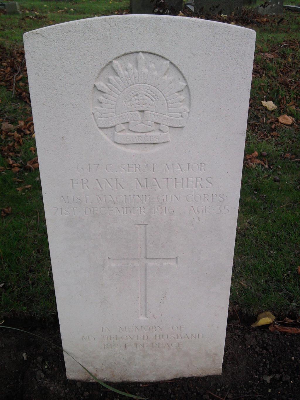 Photo of C. Serjt. Major Frank Mathers Commonwealth War Graves Commission Headstone in Grantham Cemetery, Grantham, Lincolnshire, England. (*Note At the time of researching C.S.M. Mathers headstone had the incorrect date of death as 21 st December, 1916.