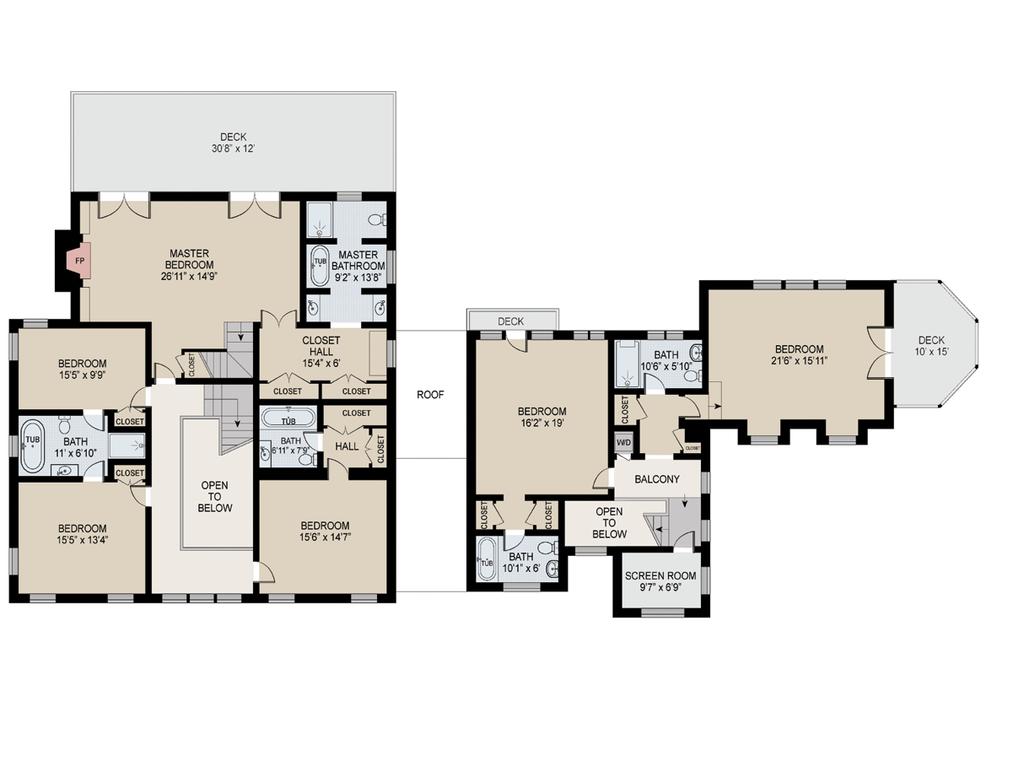 SECOND LEVEL Main Wing 2 Guest Bedrooms with Shared Bathroom with Bathtub and Shower Additional Guest Bedroom with Dressing Room, Dual Closets and Custom Detailed Bathtub/Shower Opulent Two-Level