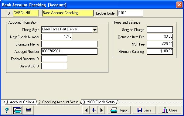 84 Setup Checking Account Setup tab